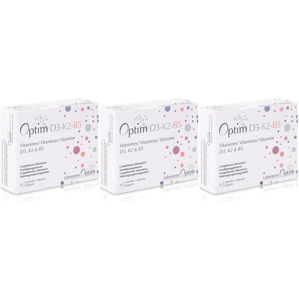 Drie verpakkingen Optim D3-K2-B5 voedingssupplementen met vitamines.