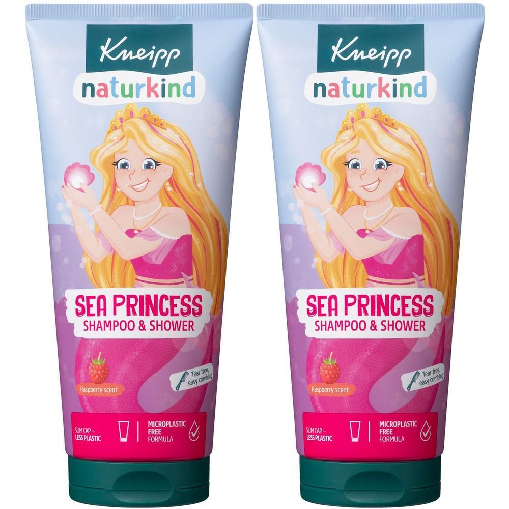 Twee tubes Kneipp Naturkind Sea Princess Shampoo & Douche met prinsesillustratie.