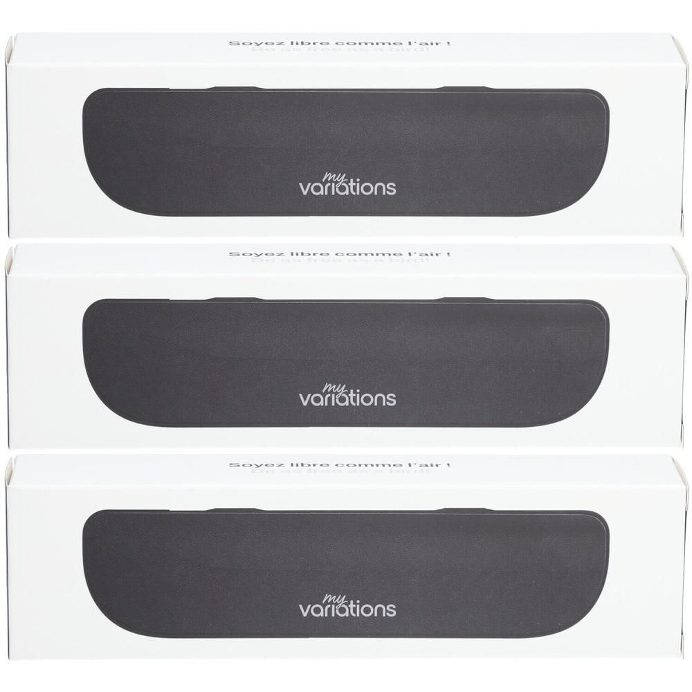 Trois étuis de voyage noir onyx MyVariations dans leurs emballages blancs.