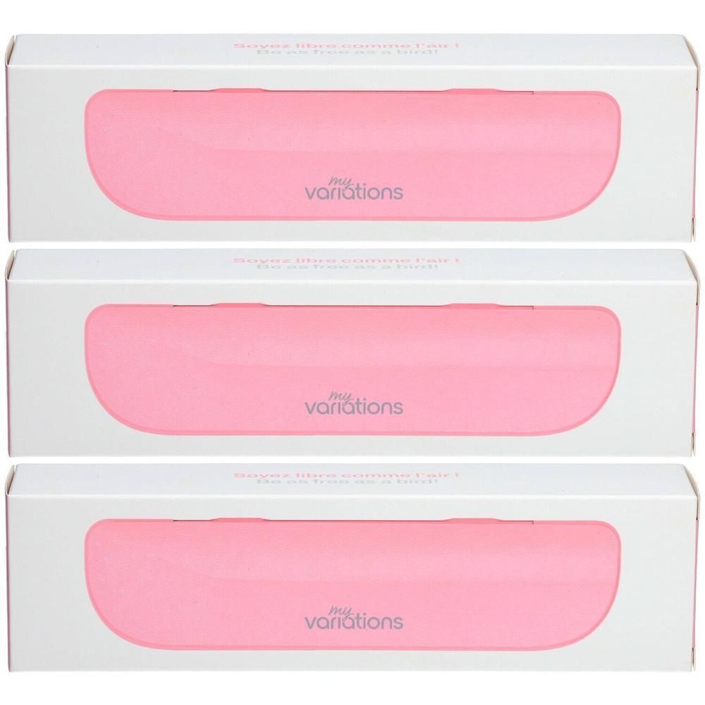 Drie roze reisetuis met het 'my variations' logo.