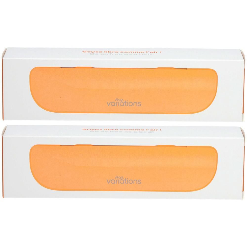 Deux étuis de voyage orange MyVariations dans des boîtes blanches avec fenêtre.