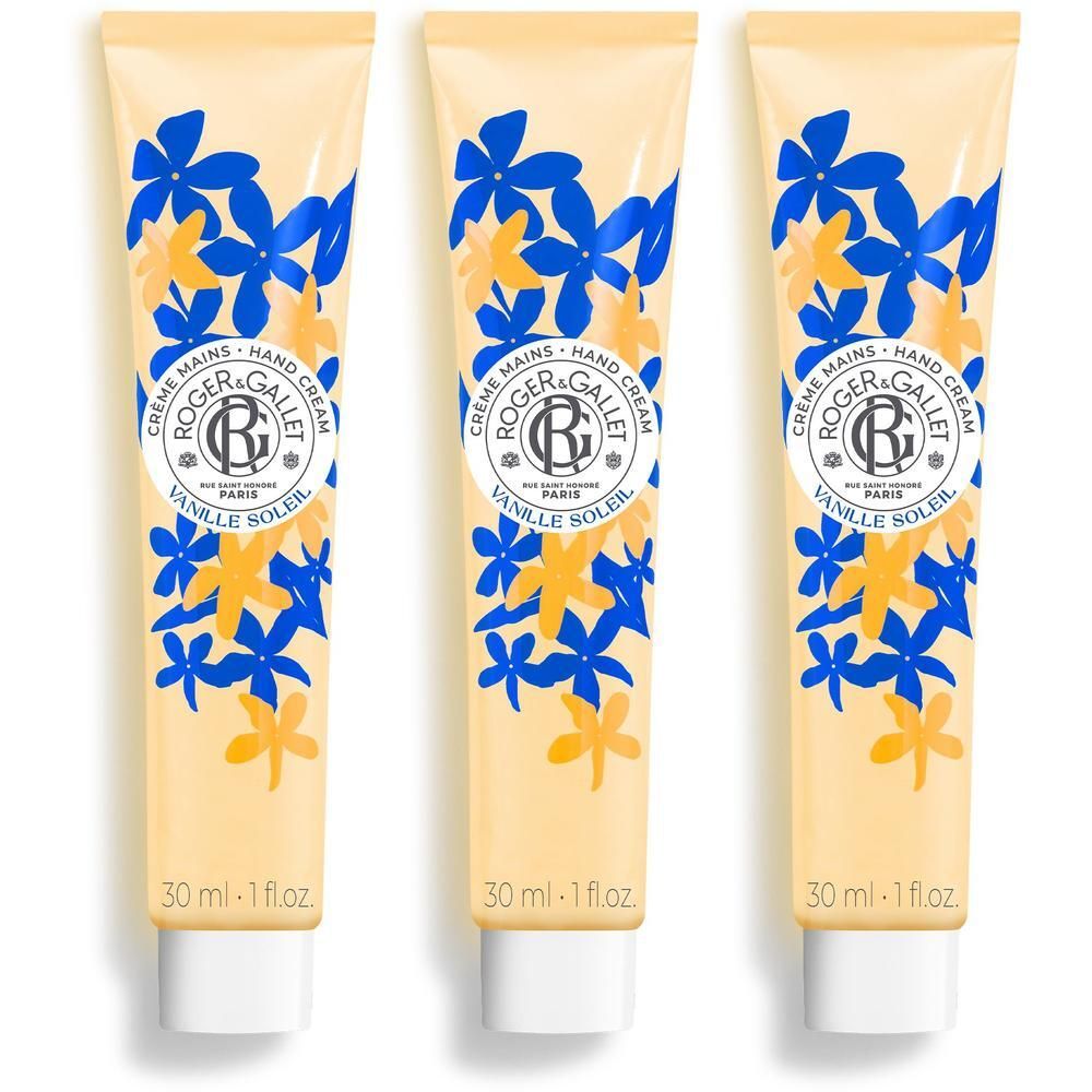 Trois tubes de crème pour les mains avec motif Vanille Soleil et fleurs bleues.
