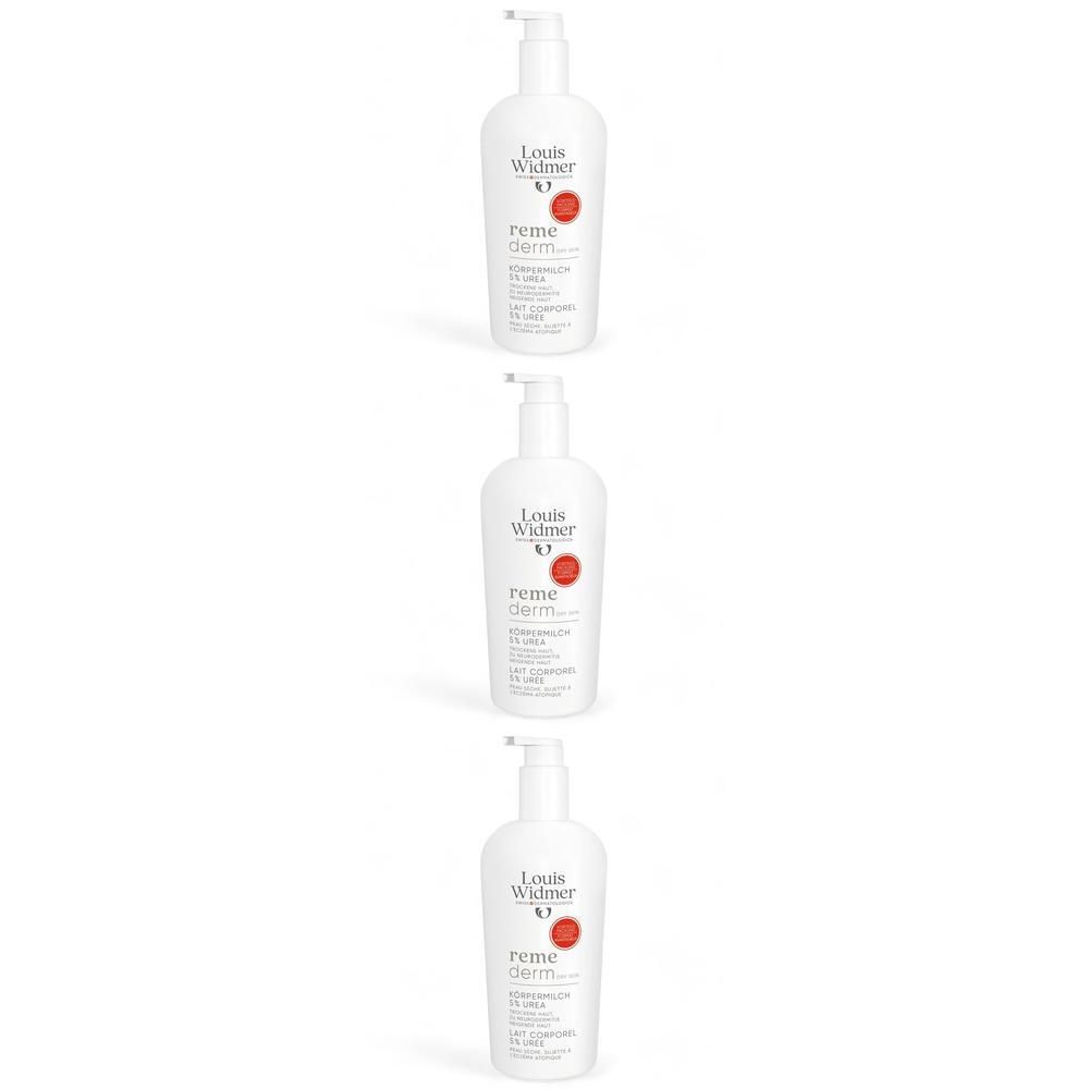 Trois flacons pompe blancs Louis Widmer Remederm avec accents rouges.