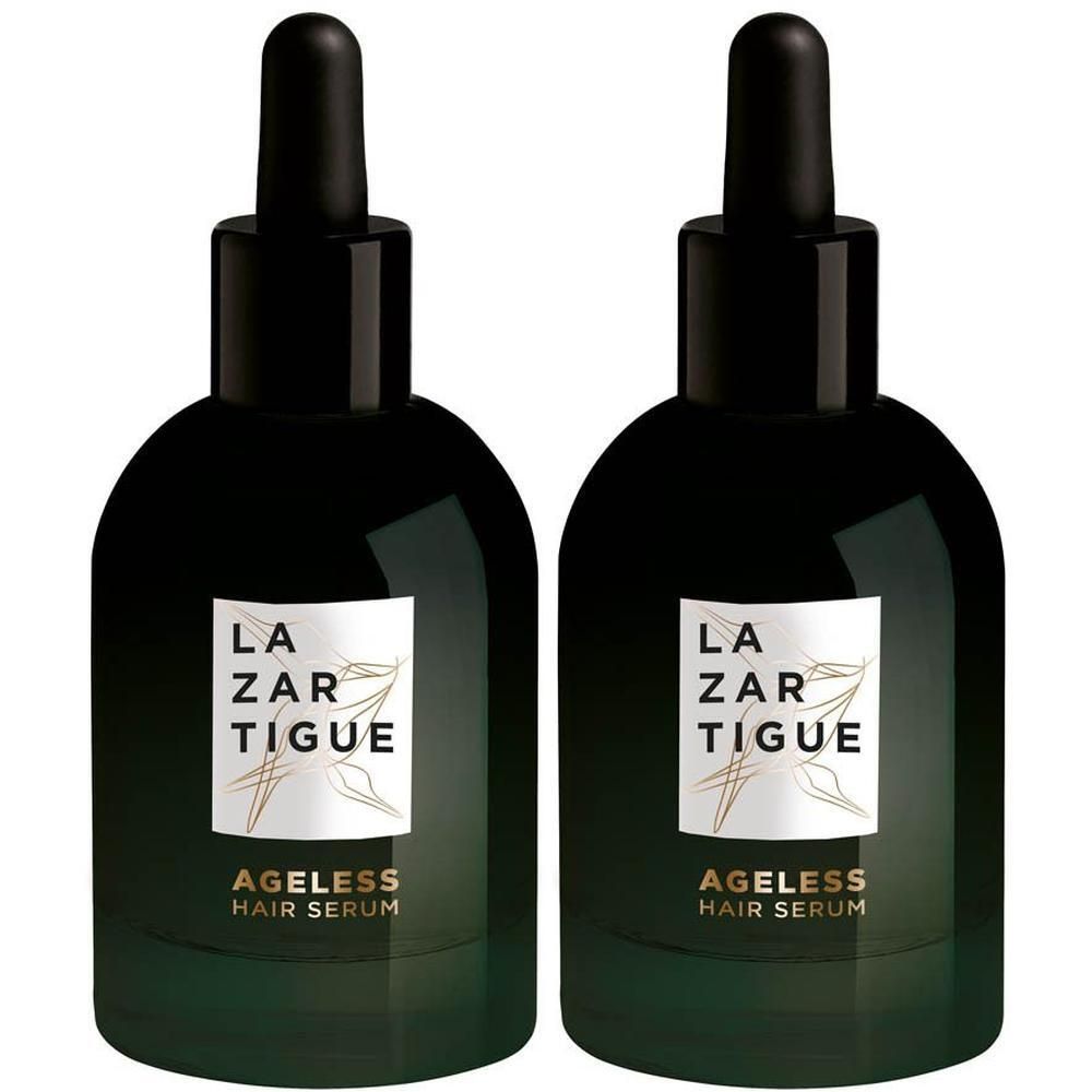 Twee flessen Lazartigue Ageless Haarserum met druppelflesdop.