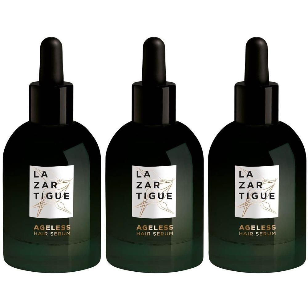 Drie flessen Lazartigue Ageless Haarserum met druppelflesje.