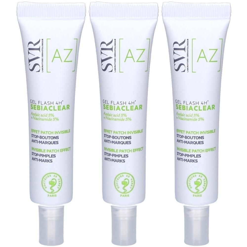 Trois tubes SVR Sebiaclear Cicapeel avec acide azélaïque et niacinamide.