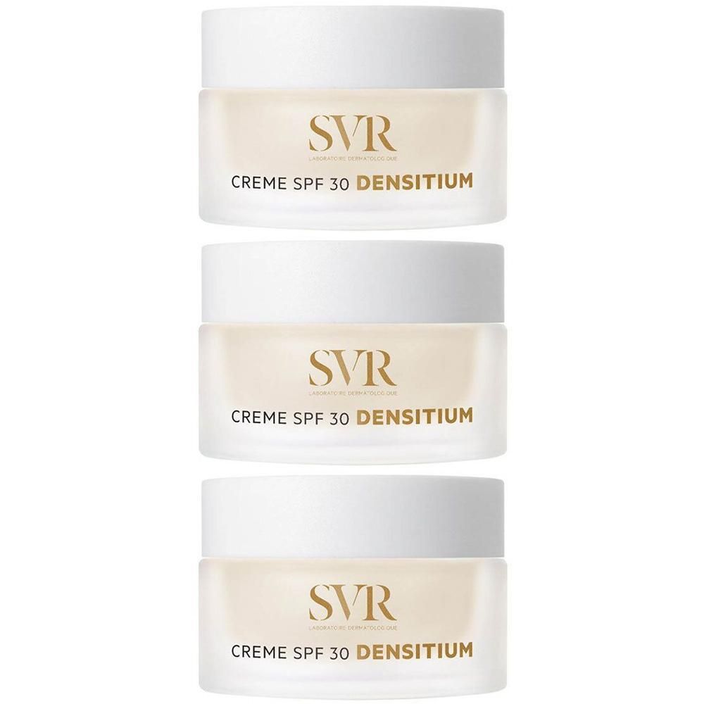 Drie potten SVR DENSITIUM Crème SPF30 met witte dop en gouden belettering.