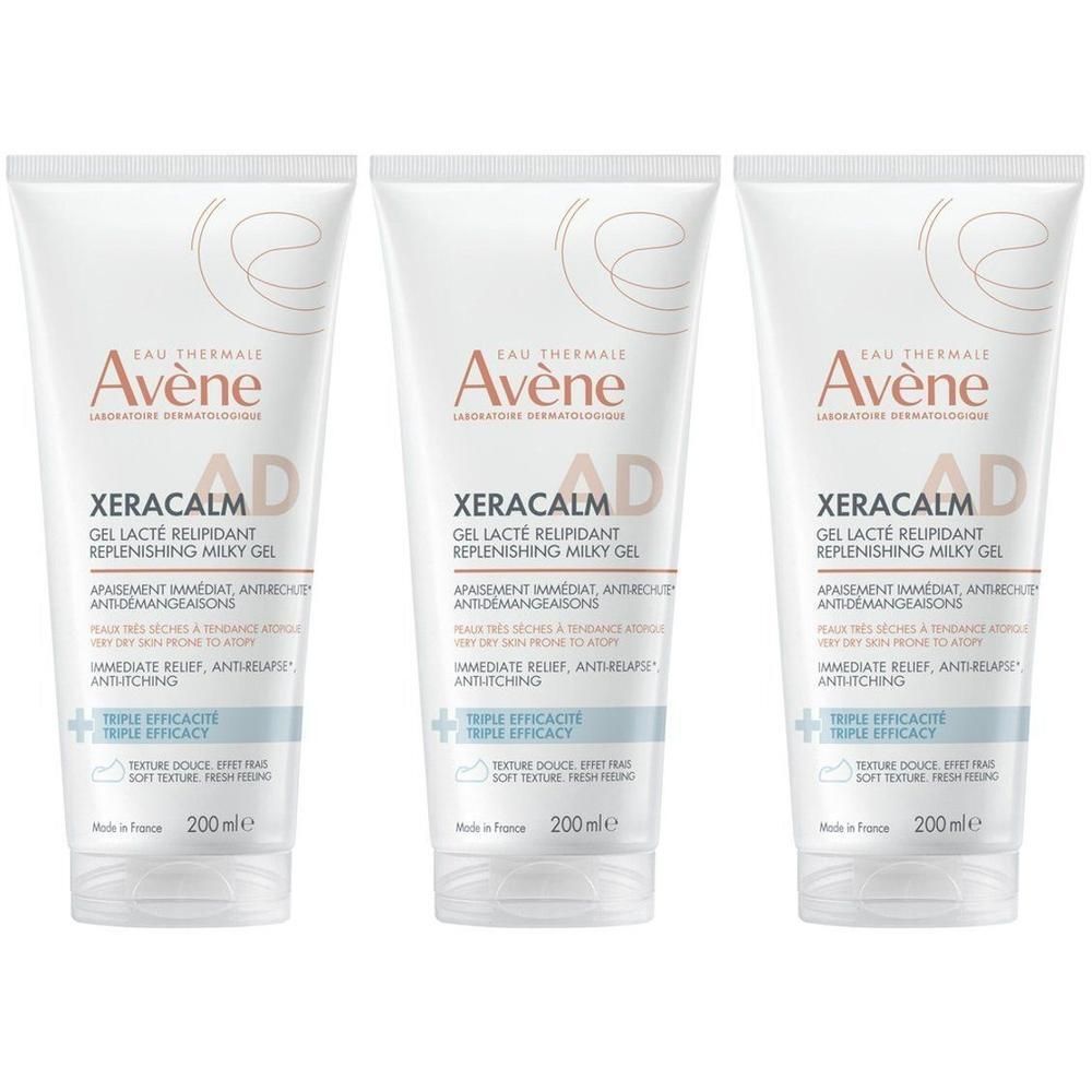 Trois tubes de Avène XeraCalm AD Gel-Lait Relipidant Apaisant & Anti-Démangeaisons, 200ml.
