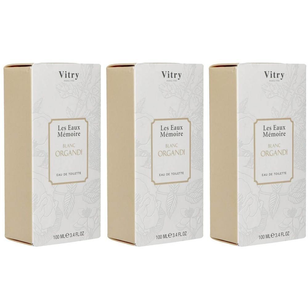 Trois boîtes de Vitry Eau de Toilette Blanc Organdi, 100 ml.