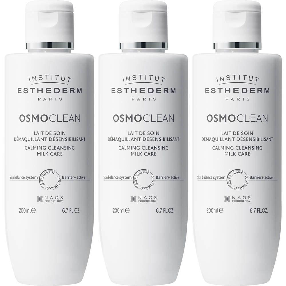 Trois flacons de Lait de Soin Démaquillant Désensibilisant Osmoclean Institut Esthederm, 200ml.