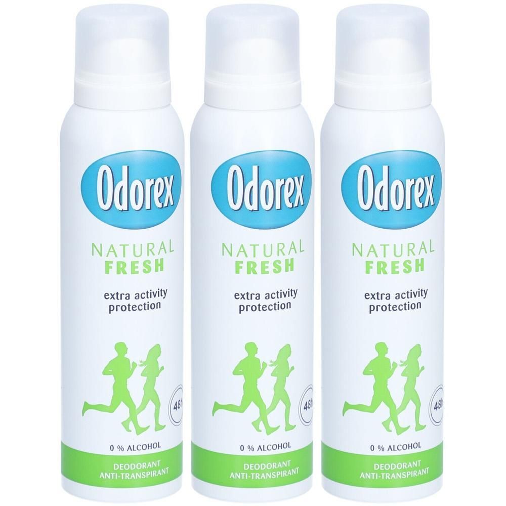 Drie Odorex Natural Fresh Deodorant spuitbussen met loperssilhouetten en '0% Alcohol' vermelding.