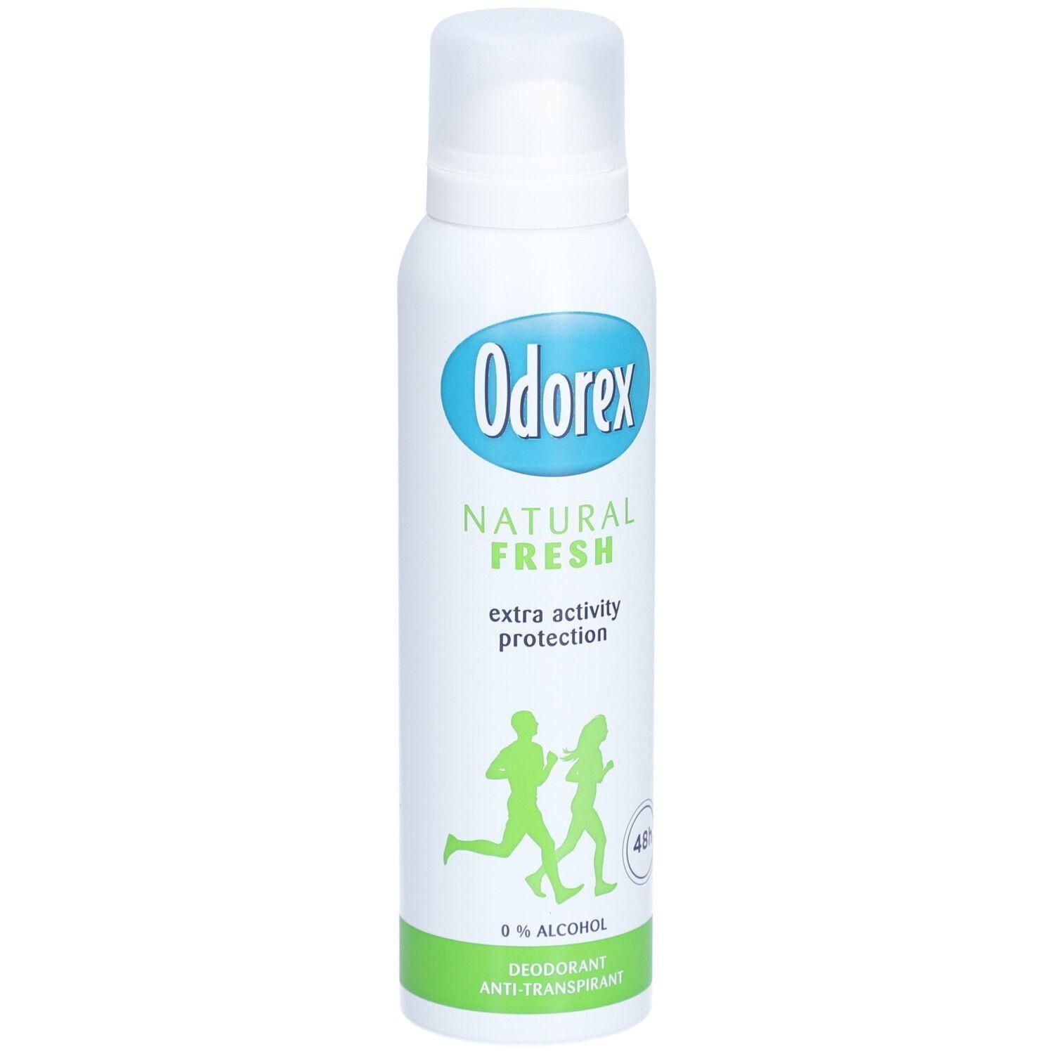 Spray Déodorant Odorex Natural Fresh : 0% alcool, protection activité extra. Symboles de coureurs.