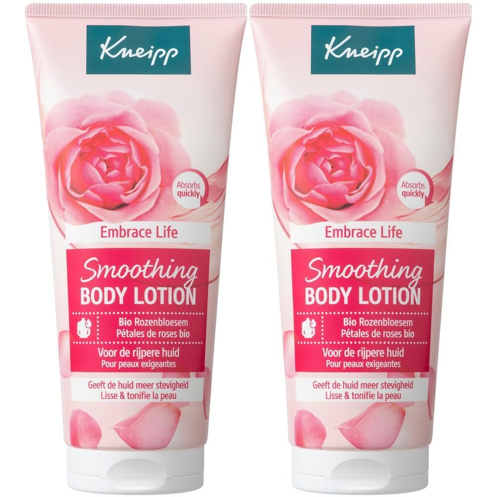 Deux tubes de Lait Corporel Lissant Kneipp aux Pétales de roses bio. Emballage rose avec motif de roses.