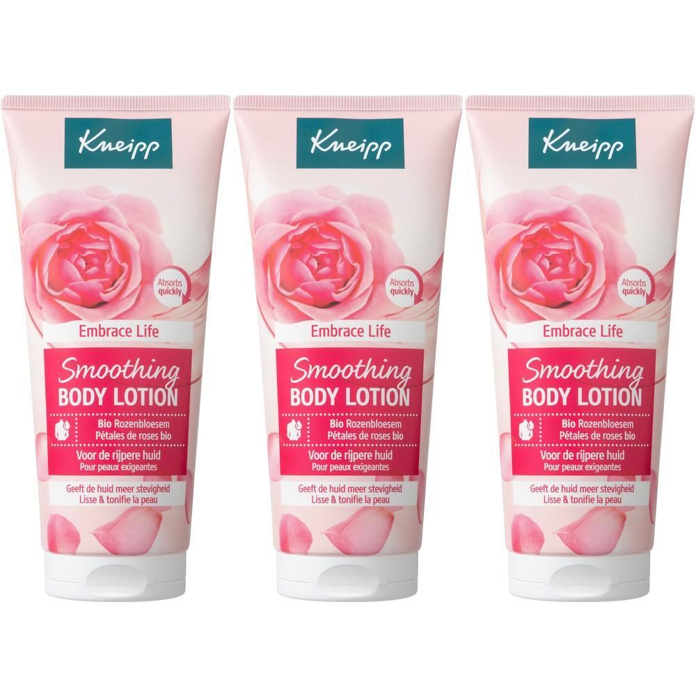 Drie tubes Kneipp Verzachtende Bodylotion met biologische rozenblaadjes.