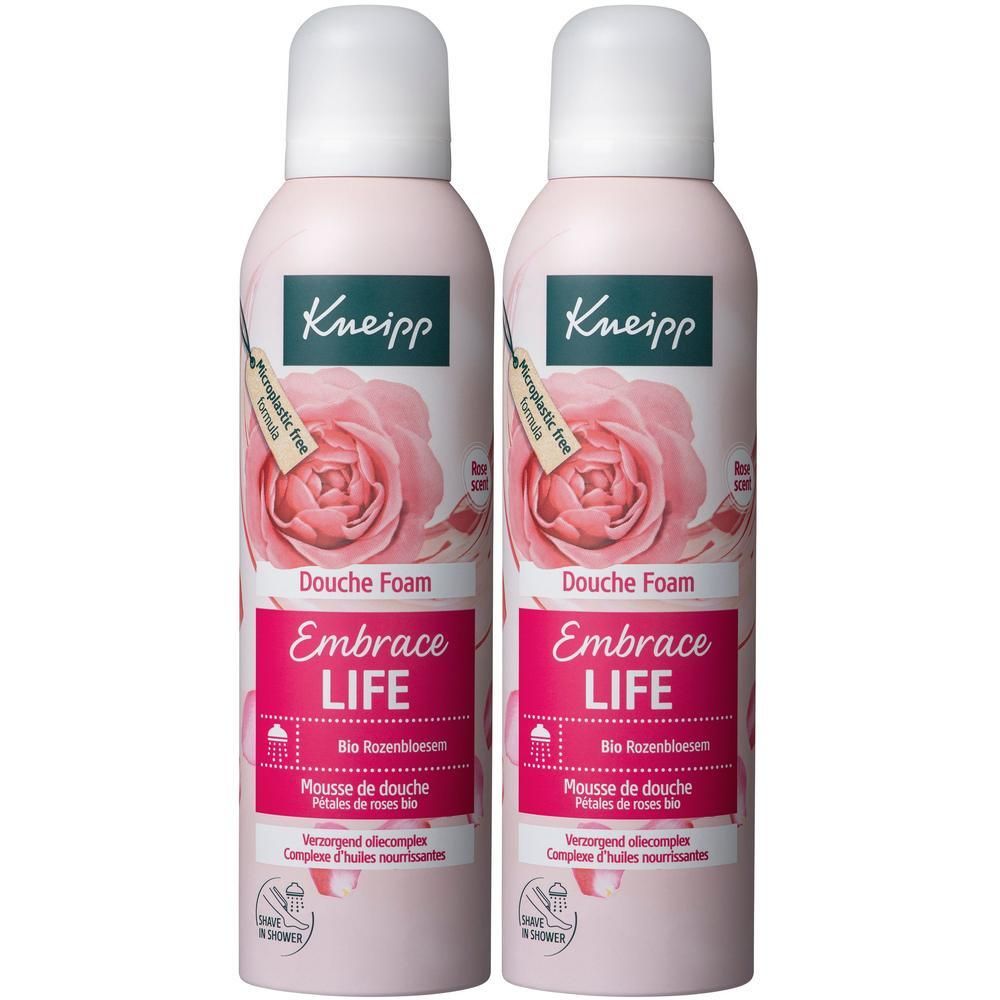 Twee Kneipp douche schuim flacons met rozenmotief en tekst 'Embrace LIFE'.