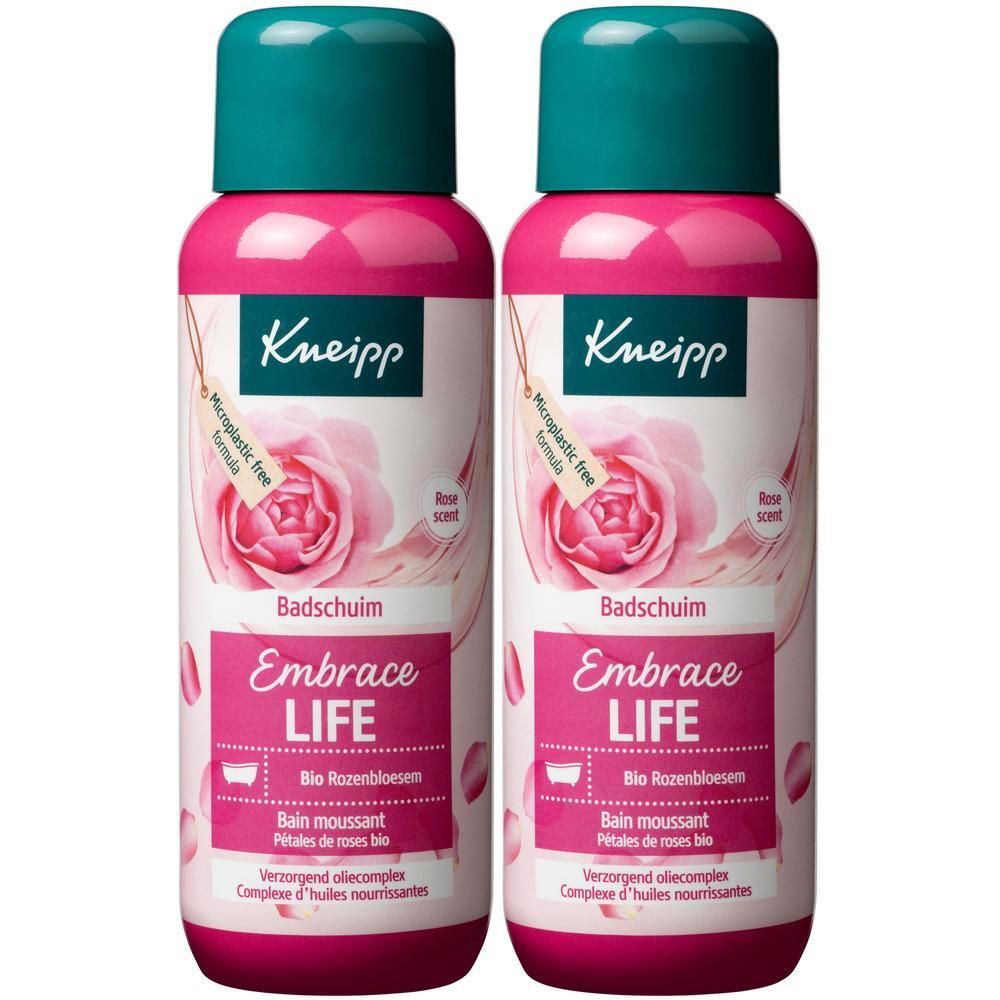 Deux flacons de mousse de douche Kneipp Embrace Life parfum rose.
