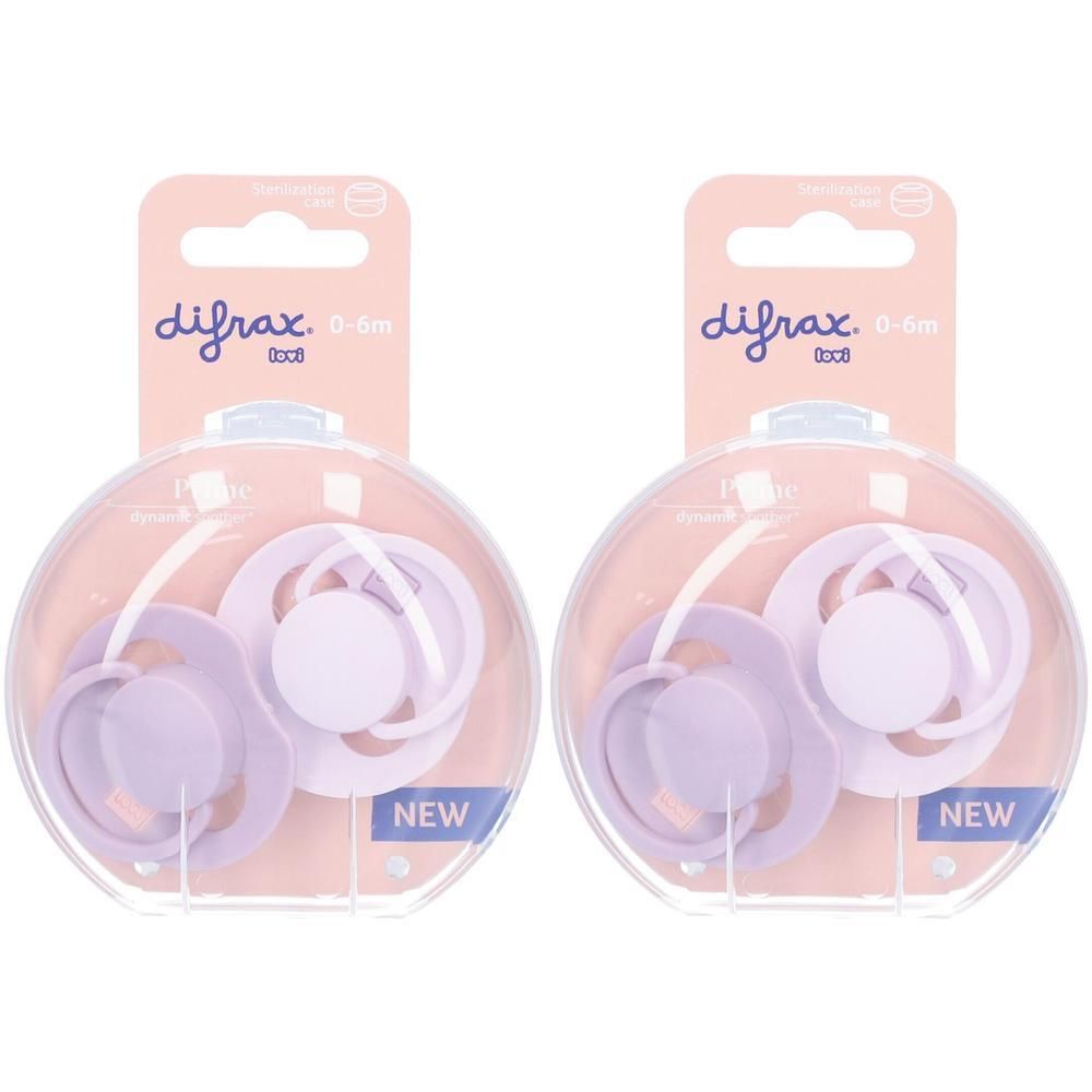 Deux sucettes Difrax lilas 0-6M dans un emballage transparent. Marque et 'Nouveau' visibles.