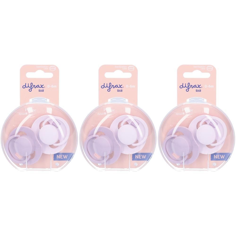 Trois sucettes Difrax lilas, présentées dans des emballages ronds transparents.