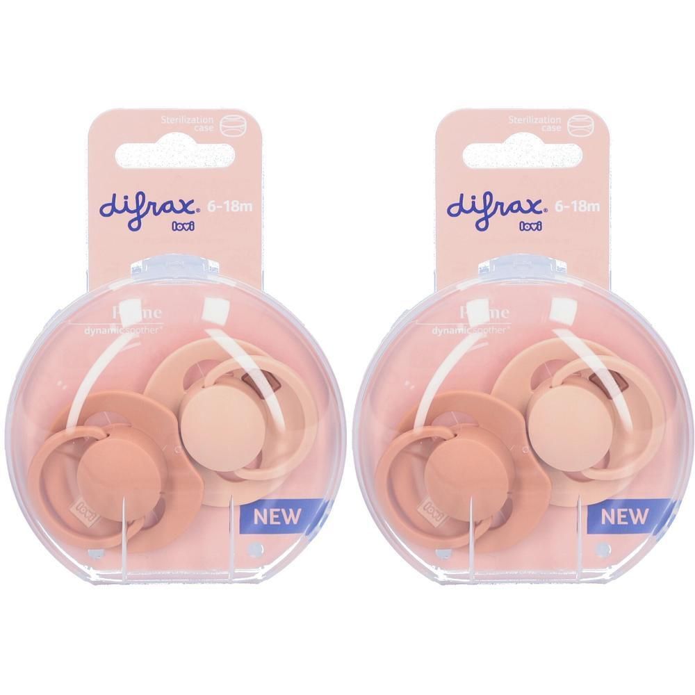 Twee Difrax fopspeen 6-18 maanden Nude/Blush, verpakt in doorzichtige houder.