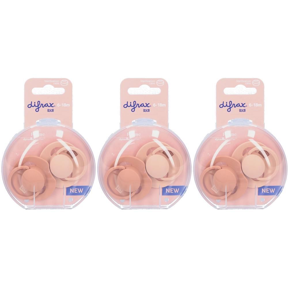 Drie Difrax fopspenen in Nude/Blush kleuren, elk in een ronde plastic verpakking.