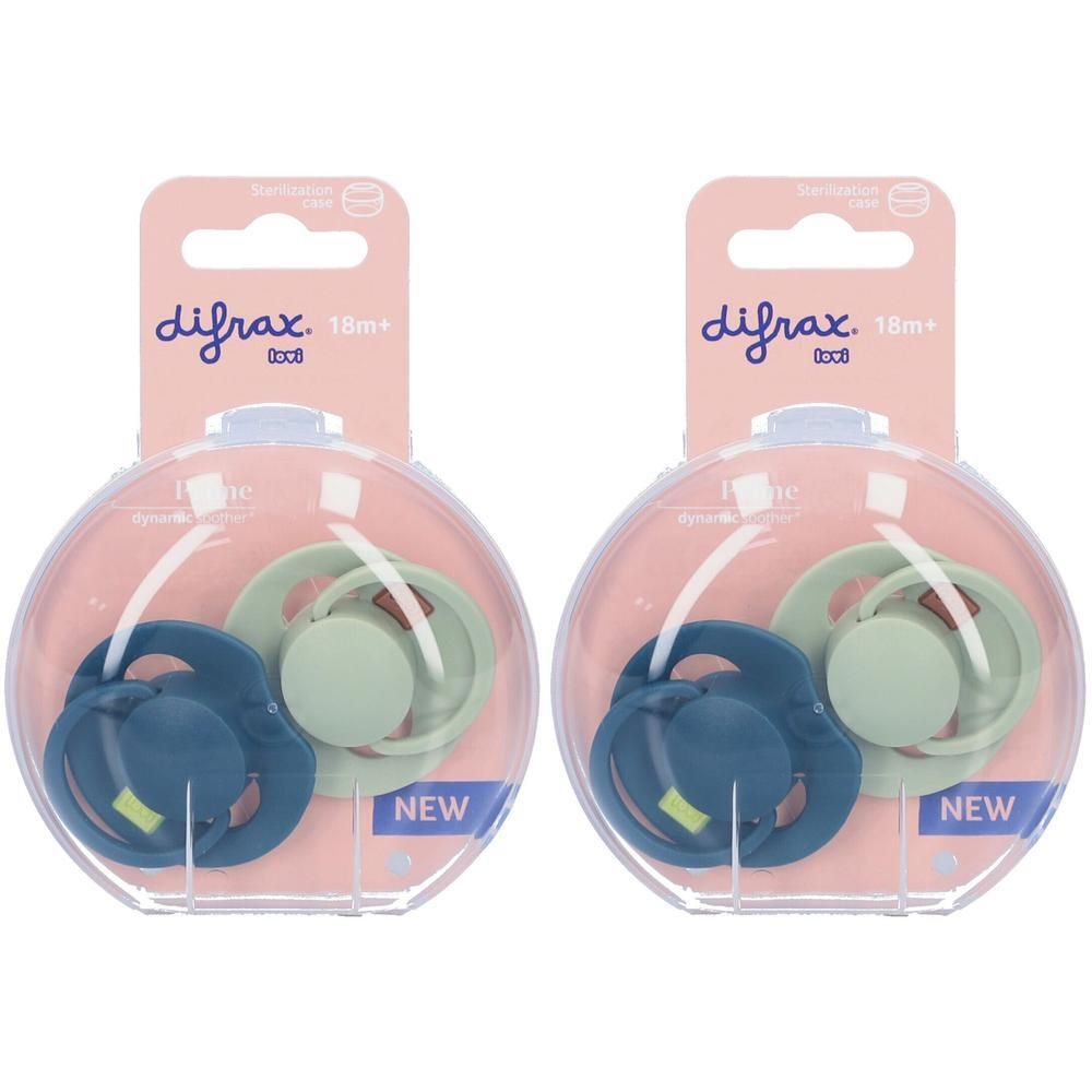 Deux sucettes Difrax 18M+ Pistache/Vert et Bleu Foncé dans leur emballage transparent.