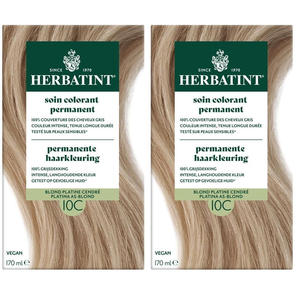 Deux boîtes de teinture capillaire permanente Herbatint 10C Blond Platine Cendré. Formule vegan.