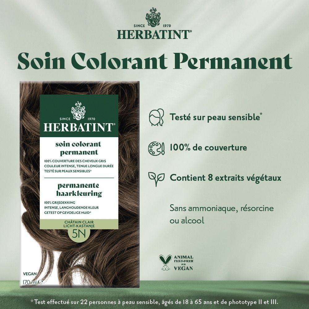 Herbatint teinture permanente 5N Châtain Clair. Testé sur peau sensible, 100% couverture.