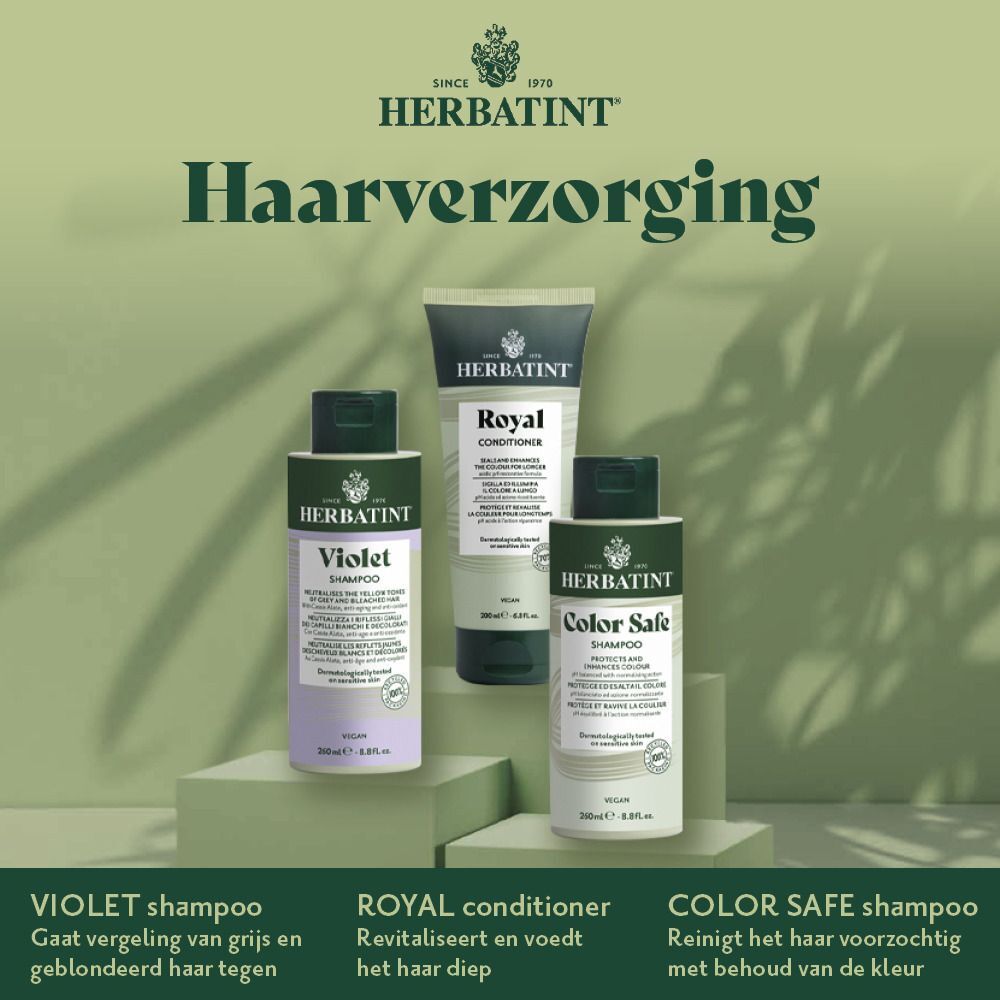 Herbatint haarverzorging: Violet Shampoo, Royal Conditioner, Color Safe Shampoo.