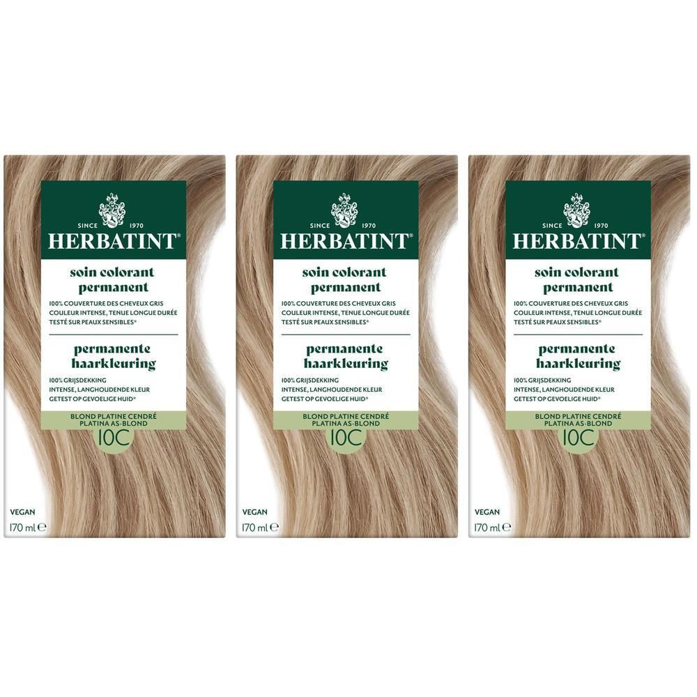 Trois boîtes de coloration permanente Herbatint 10C Blond Platine Cendré.