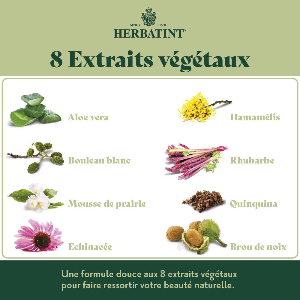 Herbatint coloration permanente : 8 extraits végétaux comme Aloe Vera et Hamamélis.