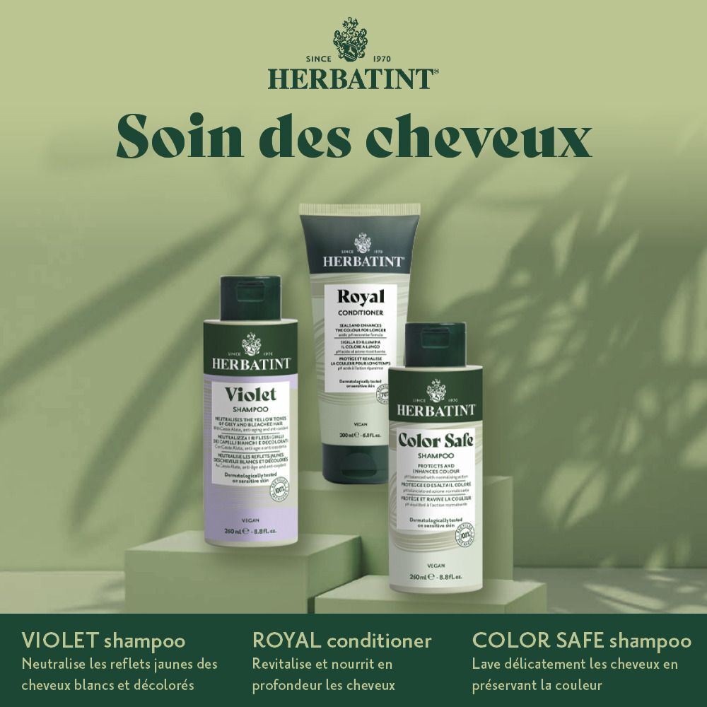 Herbatint Soin des cheveux : Shampooing Violet, Revitalisant Royal, Shampooing Color Safe.