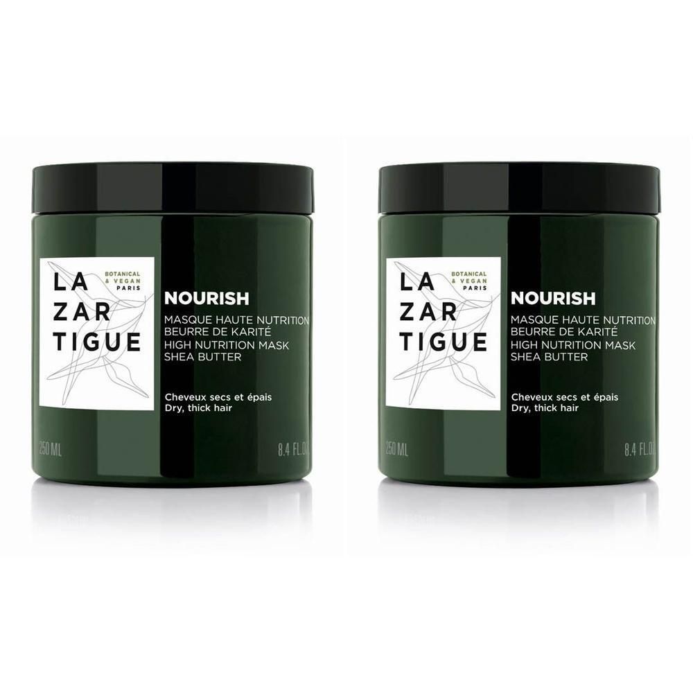 Deux masques capillaires Lazartigue Nourish au beurre de karité pour cheveux secs et épais.