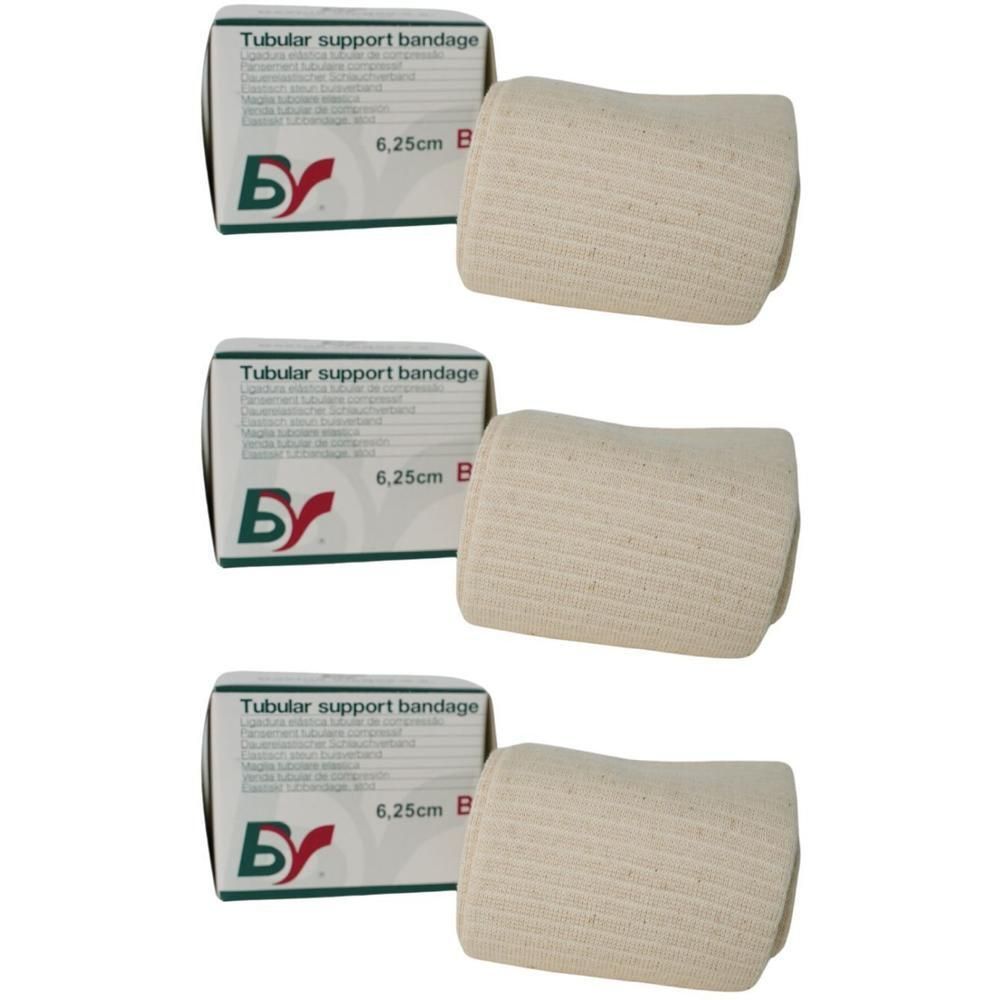 Drie rollen buisverband, 6,25 cm x 1 m. Beige, met rood logo.