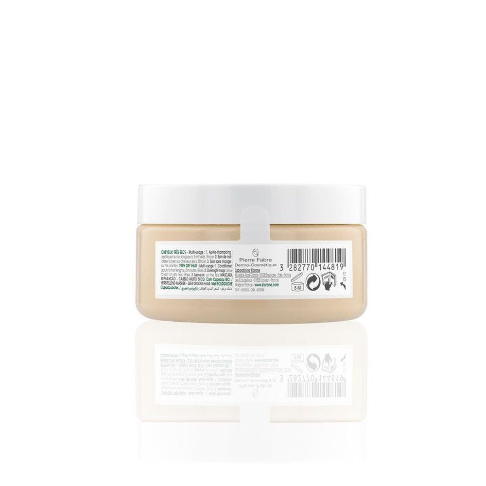 Achterkant van een Klorane Cupuaçu masker met productinformatie.