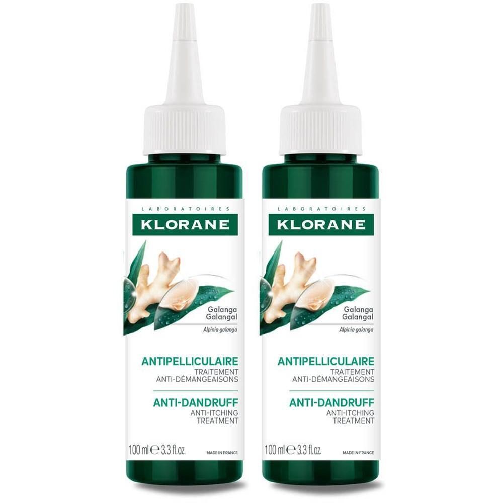 Twee Klorane Anti-Roos Behandelingen met Galanga, 100ml.
