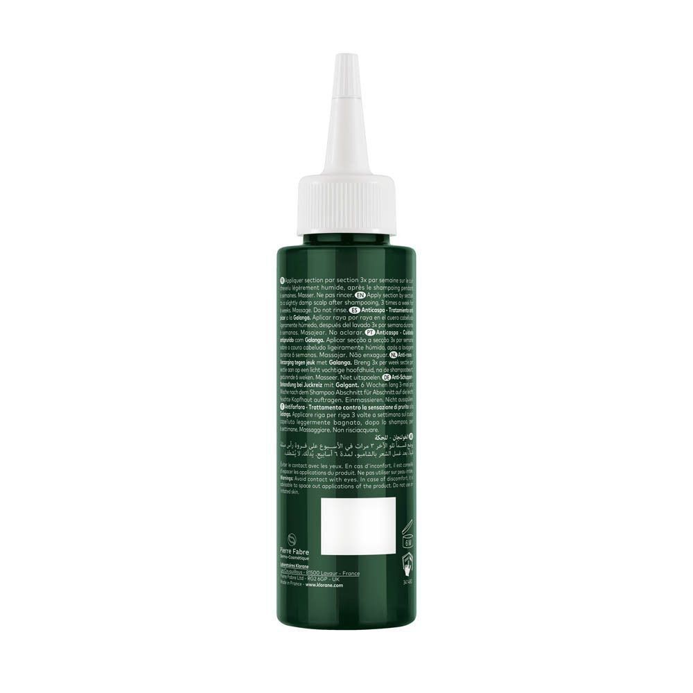 Arrière d'un flacon Klorane Traitement Anti-Démangeaisons au Galanga, 100ml, avec instructions.