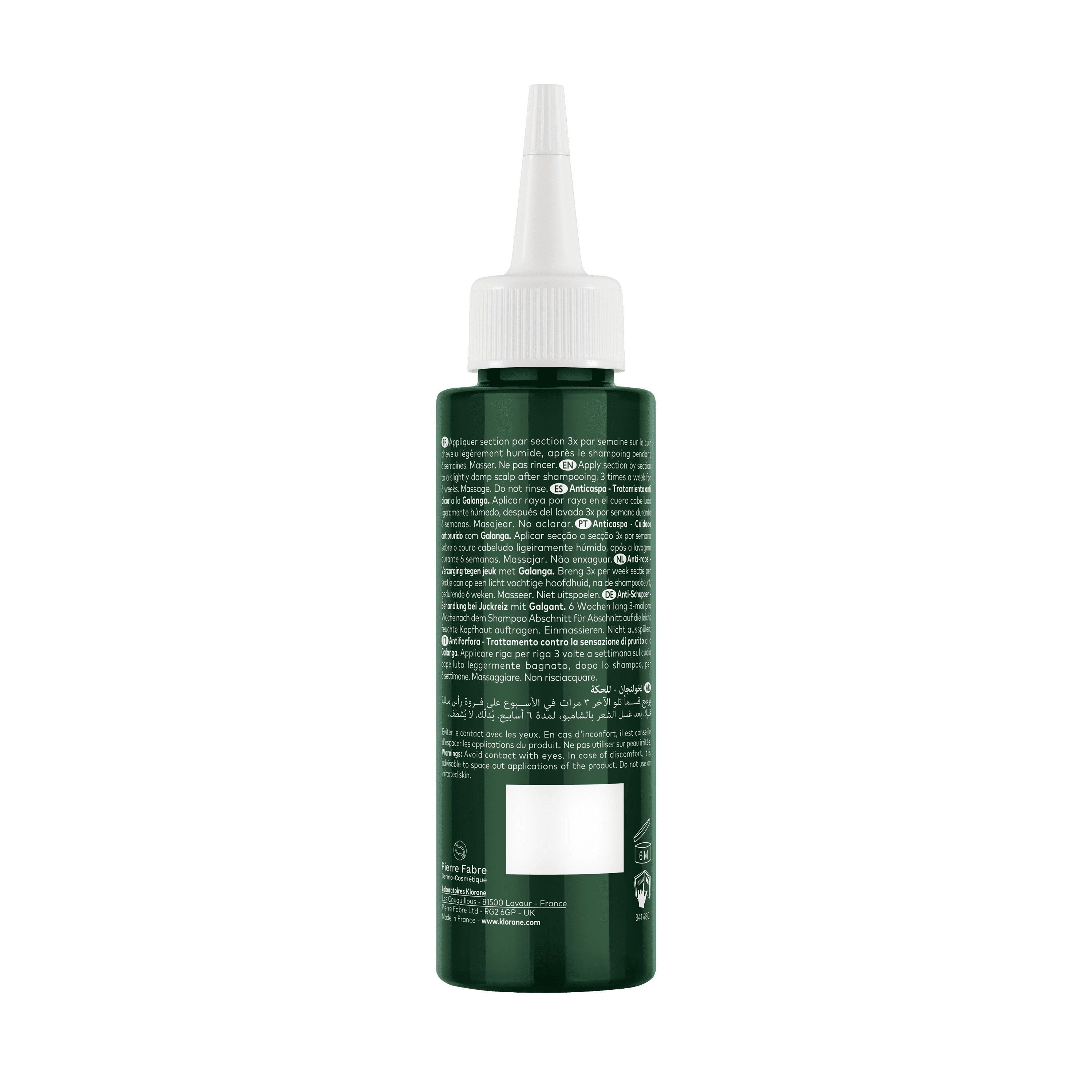 Achterkant van een Klorane Anti-Roos Behandeling met Galanga, 100ml, met instructies.