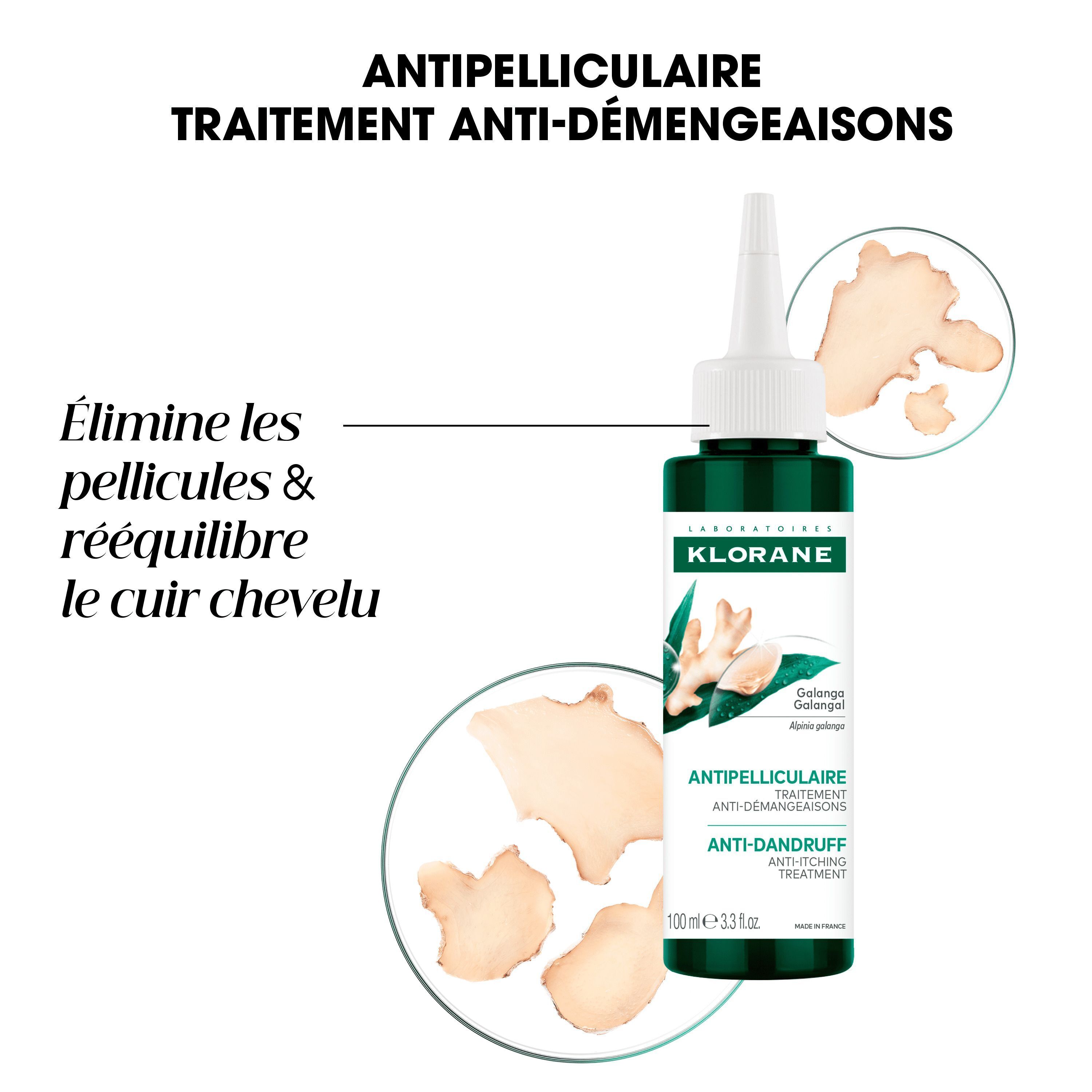 Flacon Klorane Traitement Anti-Démangeaisons au Galanga, 100ml, avec texte sur l'élimination des pellicules.