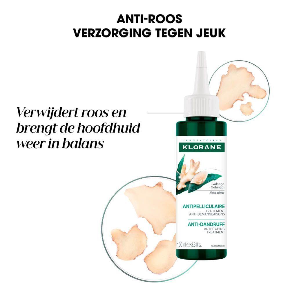 Klorane Anti-Roos Behandeling met Galanga, 100ml, met tekst over het verwijderen van roos.