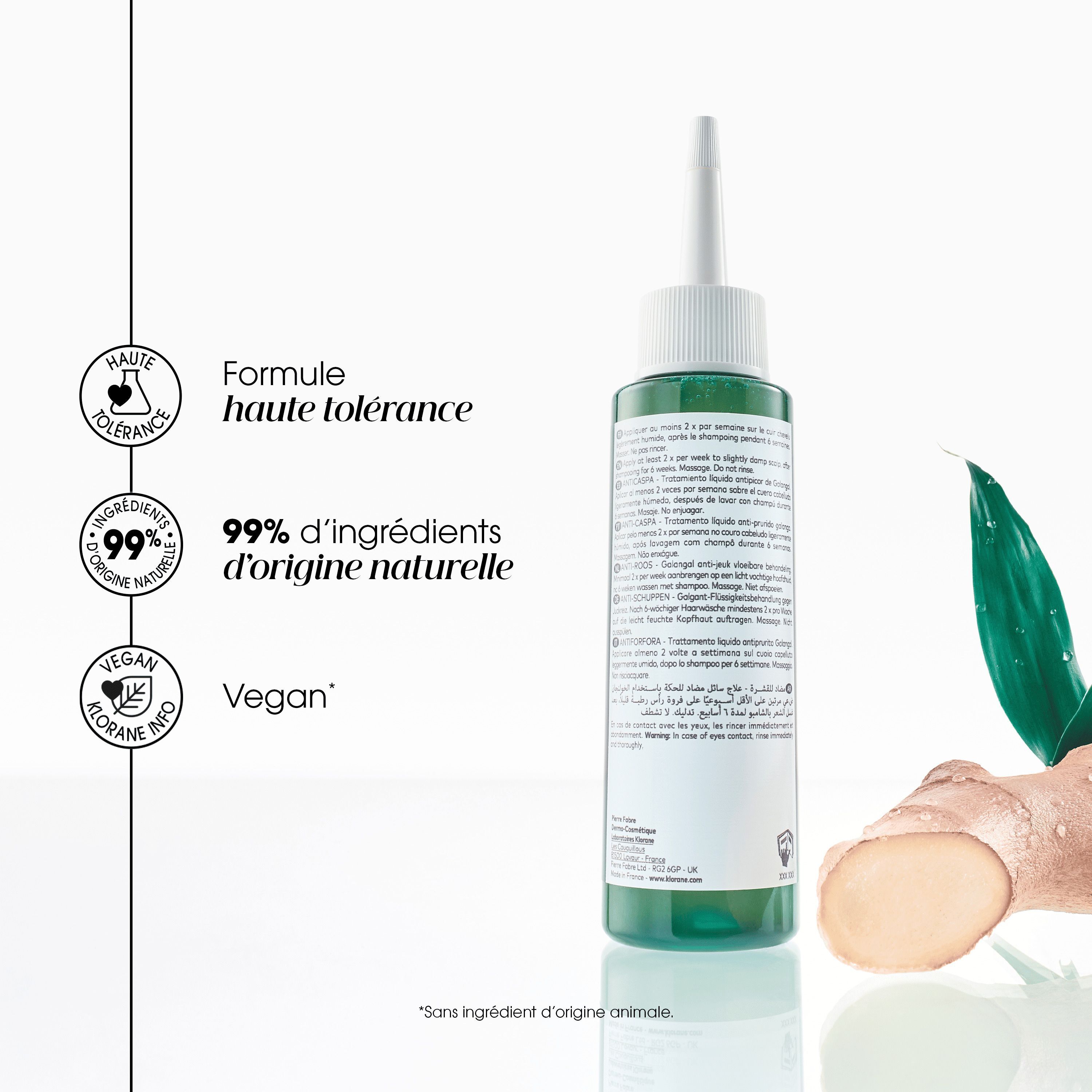 Flacon Klorane Traitement Anti-Démangeaisons au Galanga, 100ml, avec sceaux haute tolérance et formule vegan.