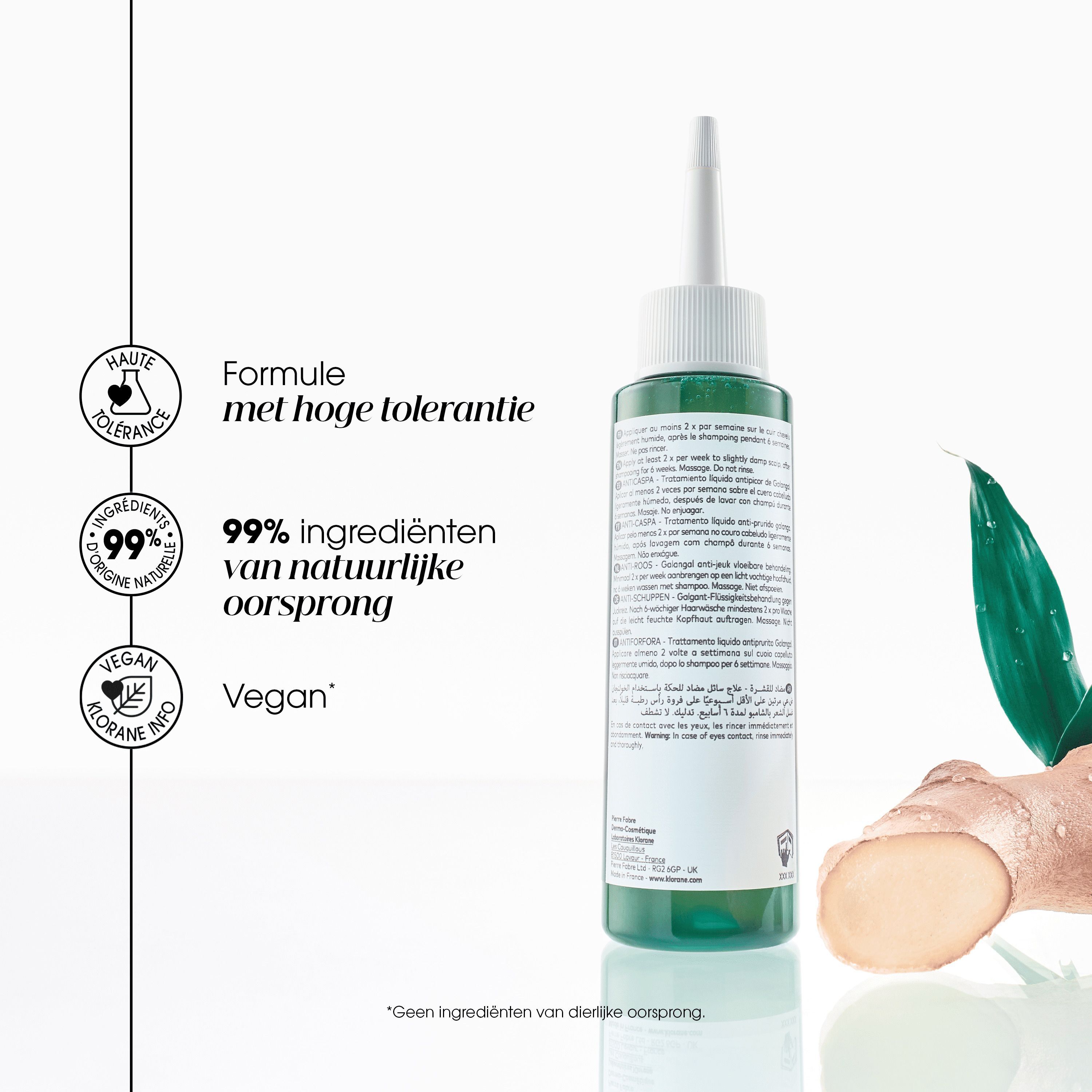 Klorane fles Anti-Roos Behandeling, 100ml, met keurmerken voor hoge tolerantie en natuurlijke ingrediënten.