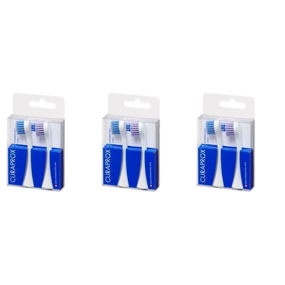 Trois têtes de brosse Curaprox Hydrosonic Pro Power dans un emballage bleu.