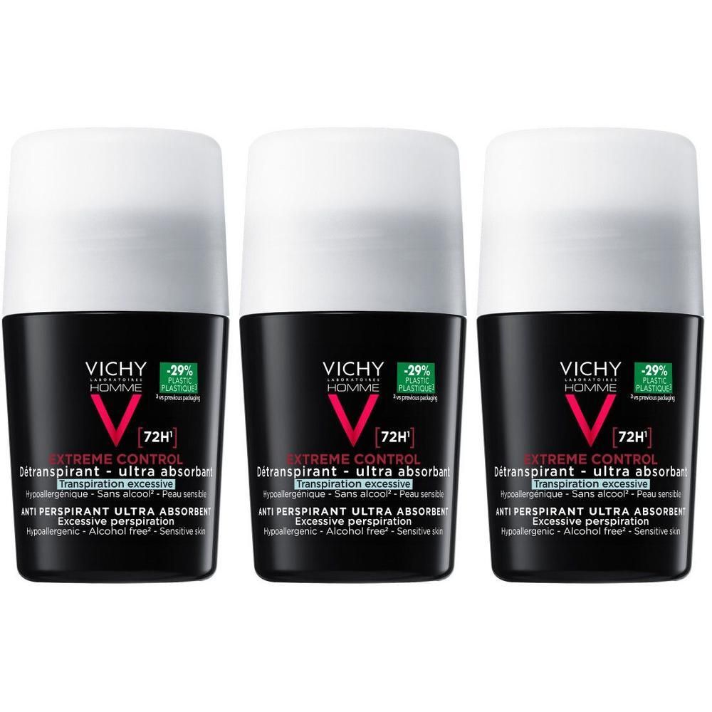 Trois roll-on déodorants Vichy Homme, flacon noir, capuchon blanc.