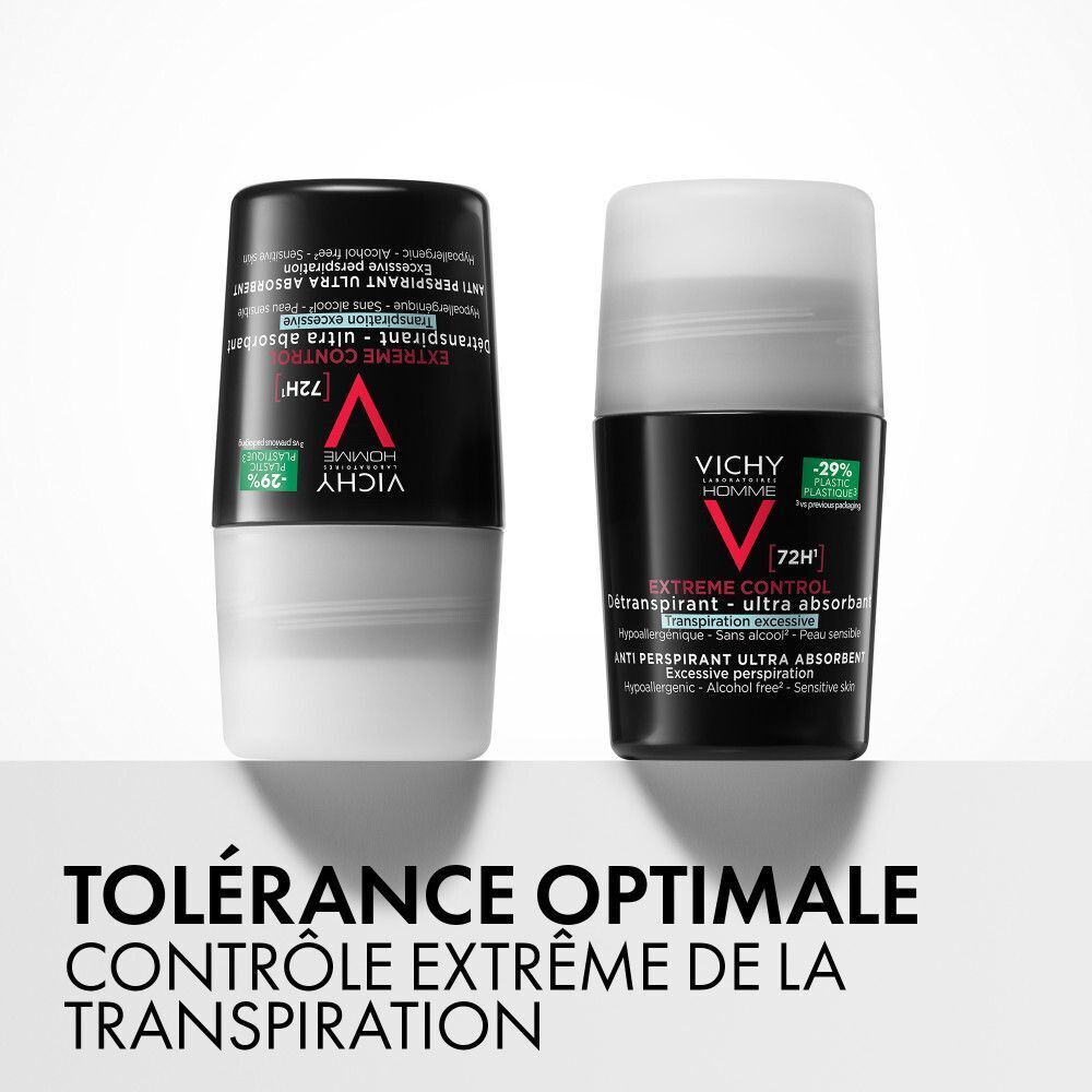 Deux roll-on déodorants Vichy Homme côte à côte, vue avant et arrière.