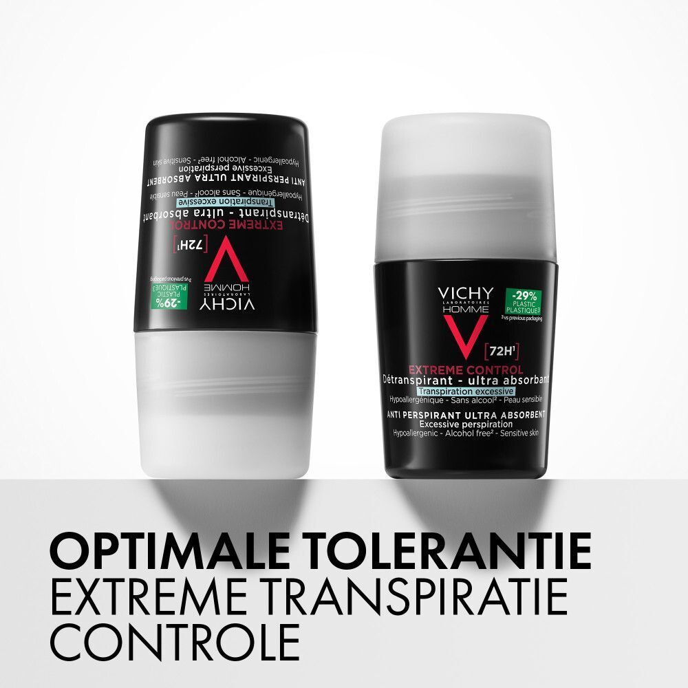 Twee Vichy Homme deodorantrollers naast elkaar, voor- en achterkant.