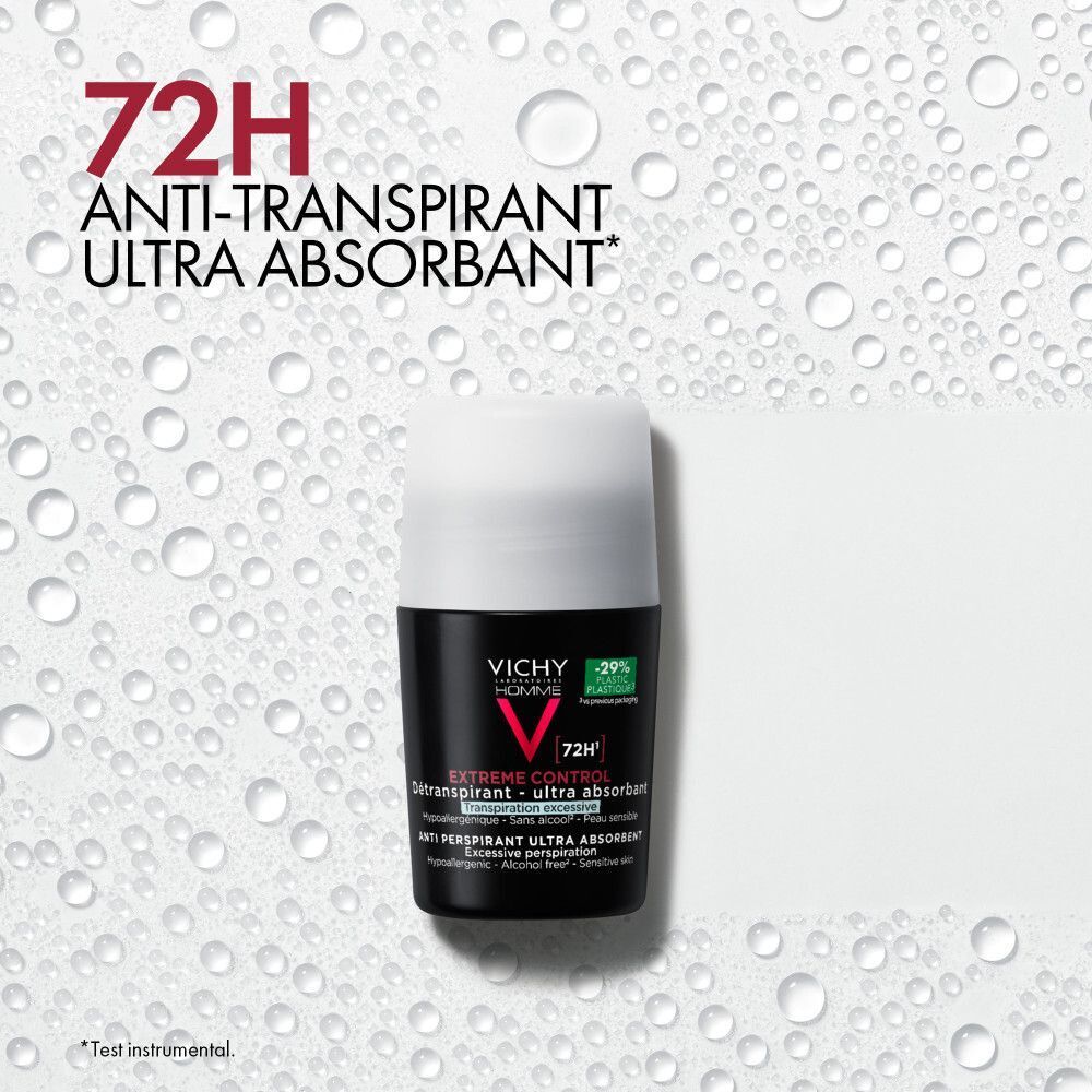 Déodorant roll-on Vichy Homme sur fond pétillant. Protection 72h.