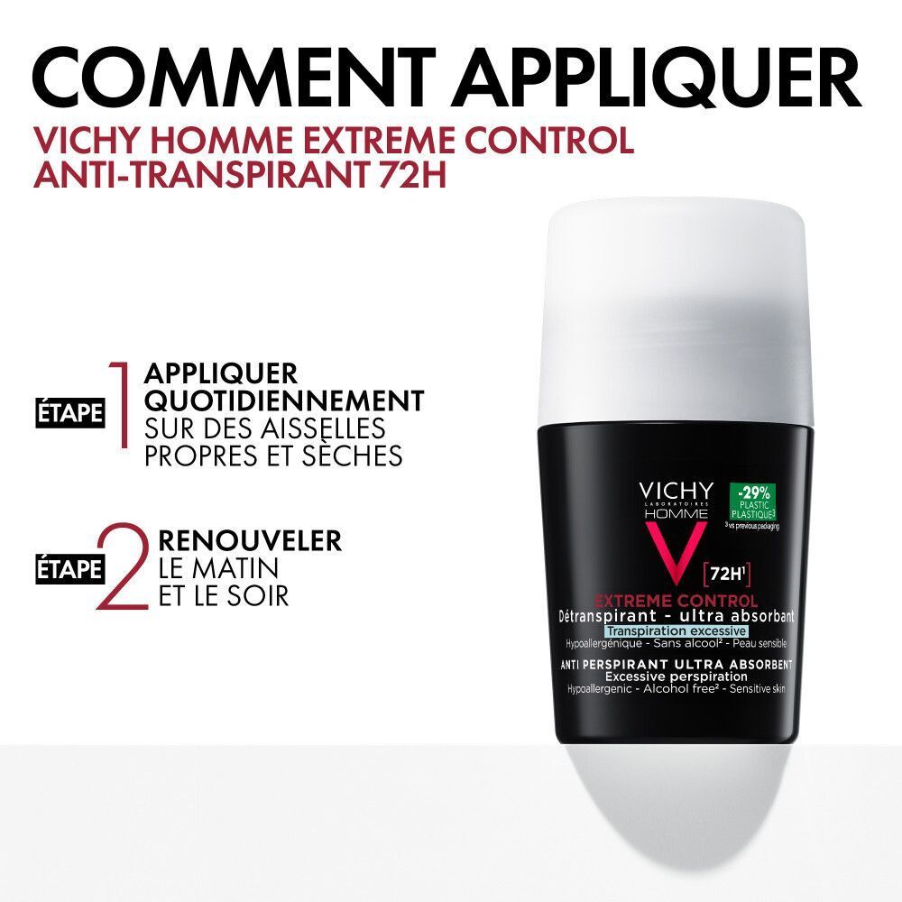 Instructions d'application du déodorant roll-on Vichy Homme : appliquer quotidiennement.