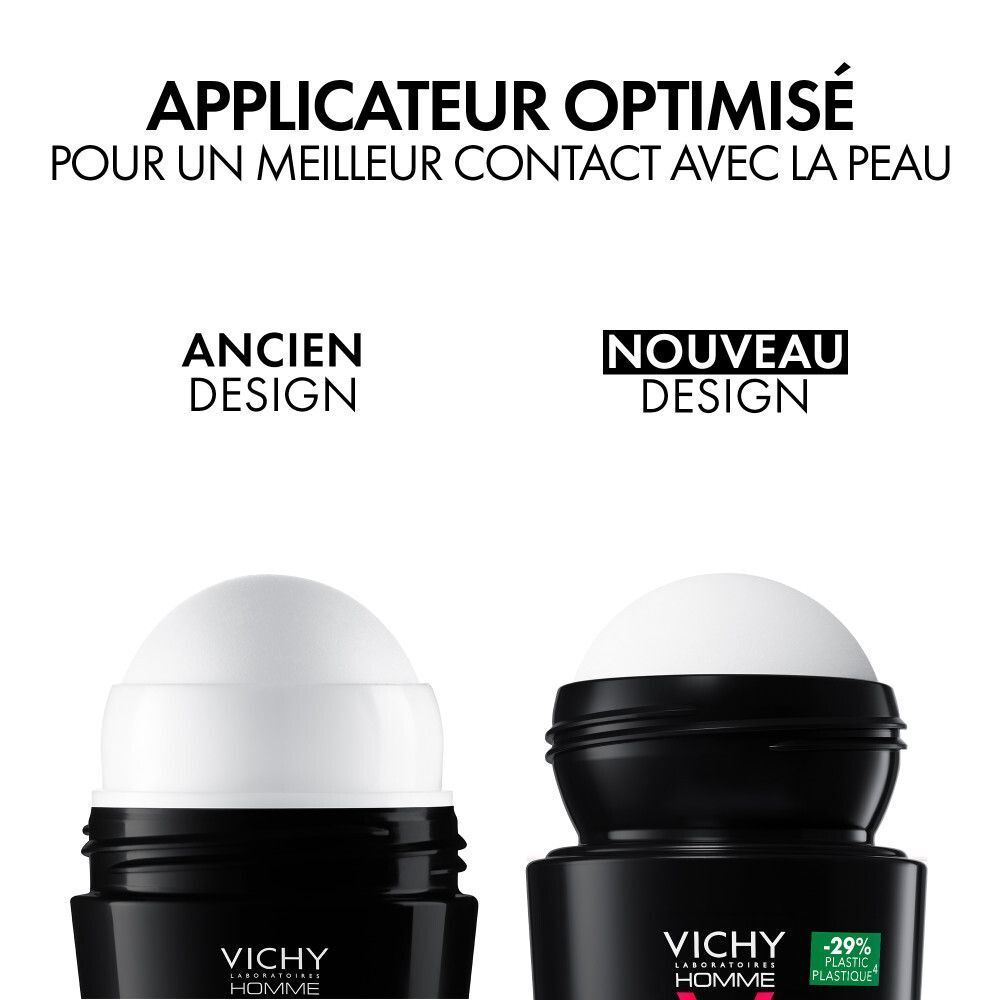Comparaison des anciens et nouveaux applicateurs de déodorant roll-on Vichy Homme.