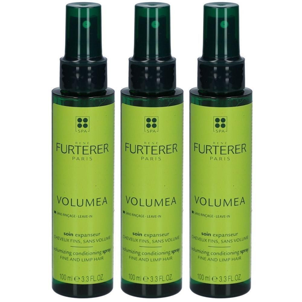 Drie René Furterer Volumea sprayflessen voor fijn haar.