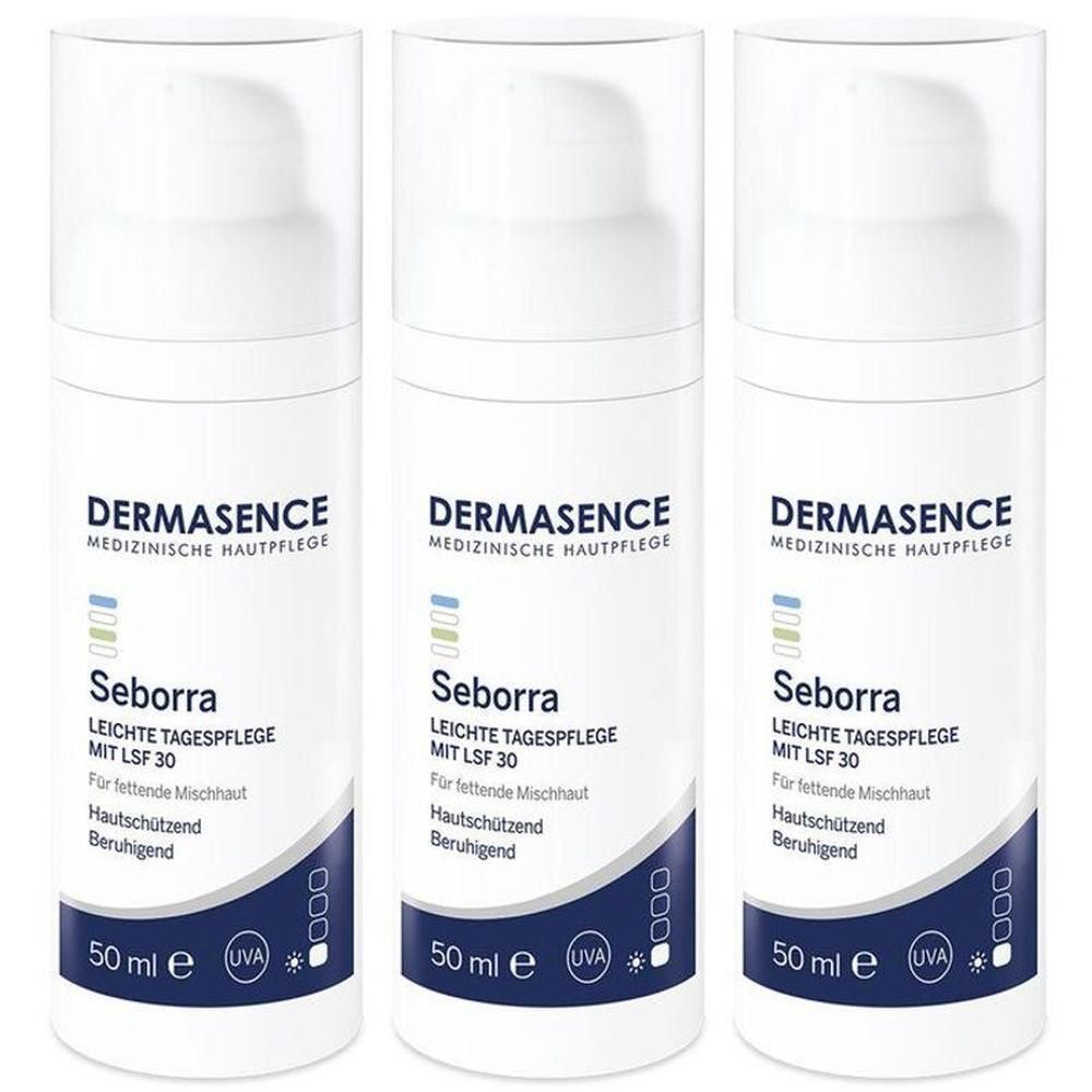 Drie flacons Dermasence Seborra lichte dagcrème SPF 30, 50 ml.